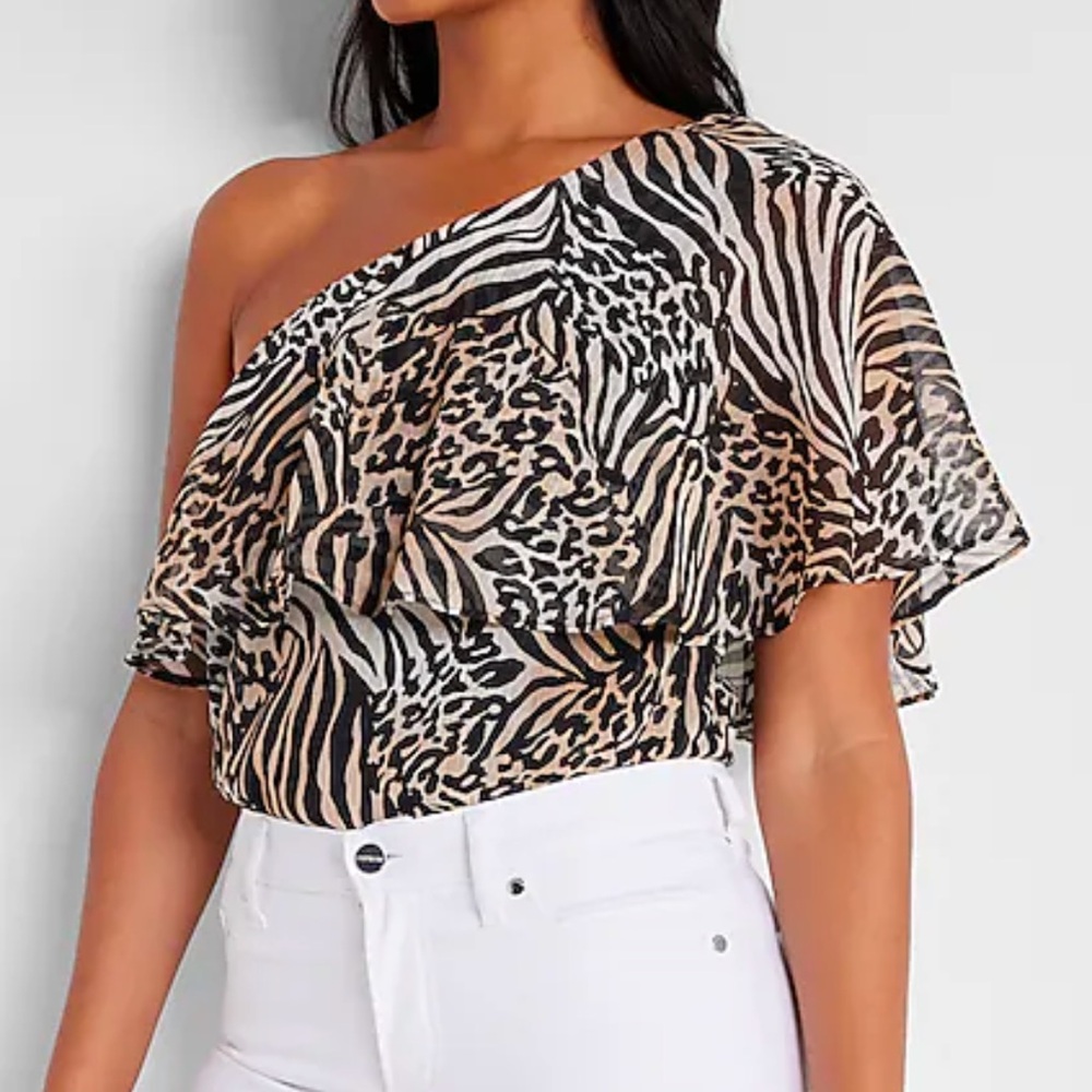 Express x Rachel NWT Zoe Animal Print Draped One Shoulder Thong Bodysuit Large